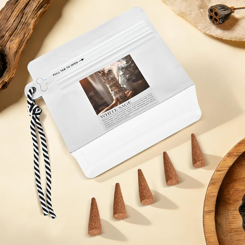 White Sage Incense Cones 30 Pcs Count with Holder - Smudging Incense for Positive Energy & Spiritual Cleansing