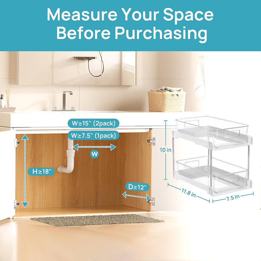 Vtopmart 2 Pack Pull Out Bathroom Under Sink Organizer (S-Standard, White)