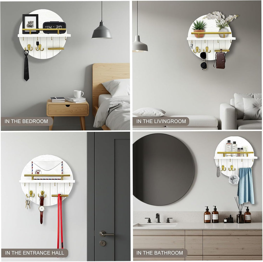 Round Wooden Key Holder Wall Mount with Shelf & 8 Key Hooks for Entryway
