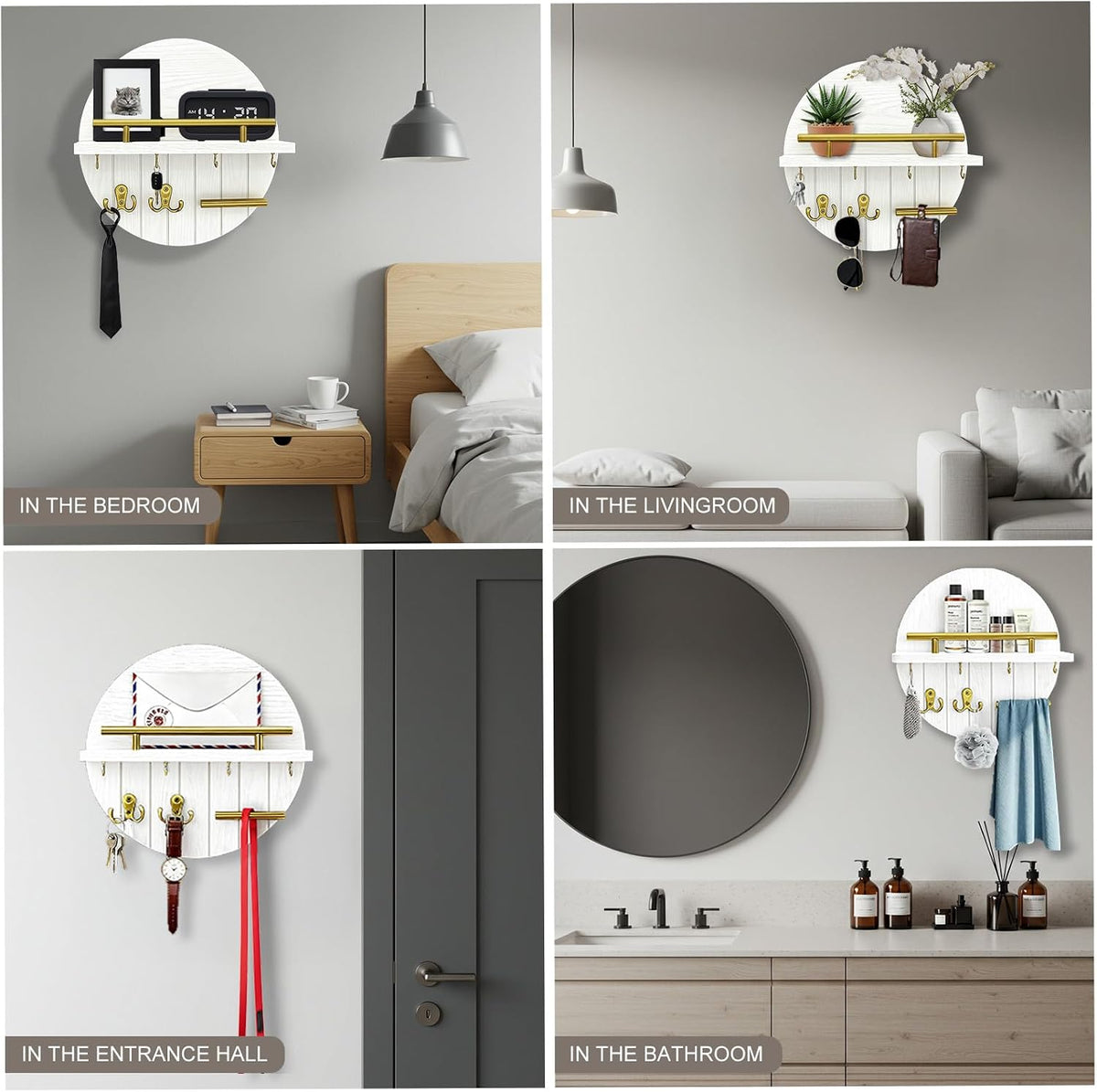 Round Wooden Key Holder Wall Mount with Shelf & 8 Key Hooks for Entryway