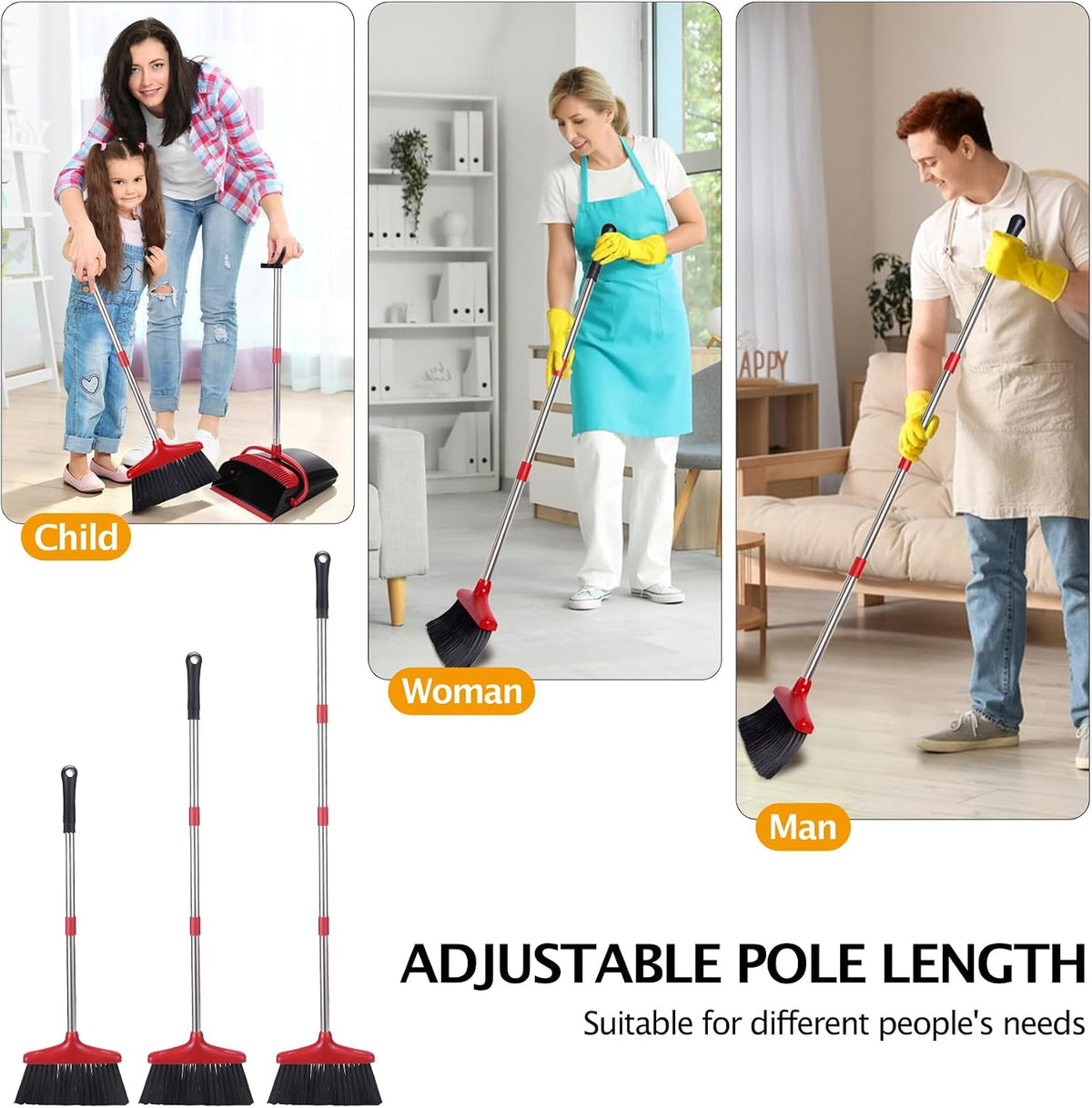 Broom and Dustpan Set,54.72"Long Handle,Standing Dustpan,Black&Red