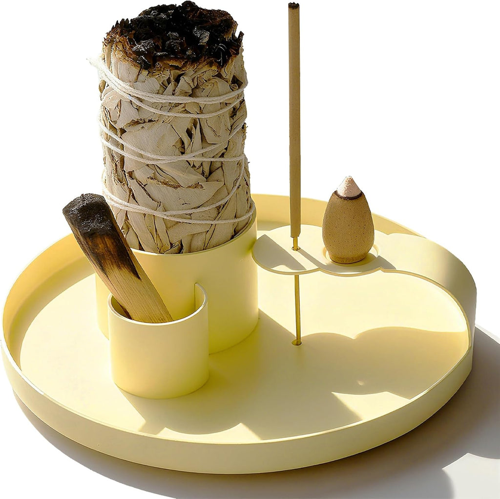 Multifunction Incense Holder, Sage Burner Holder, Palo Santo Holder Burner, 5.47" Ash Catch Tray, Smudge Stick Holder with Handle for Incense Sticks Incense Cone Candle, Yoga Meditation and Room Decor