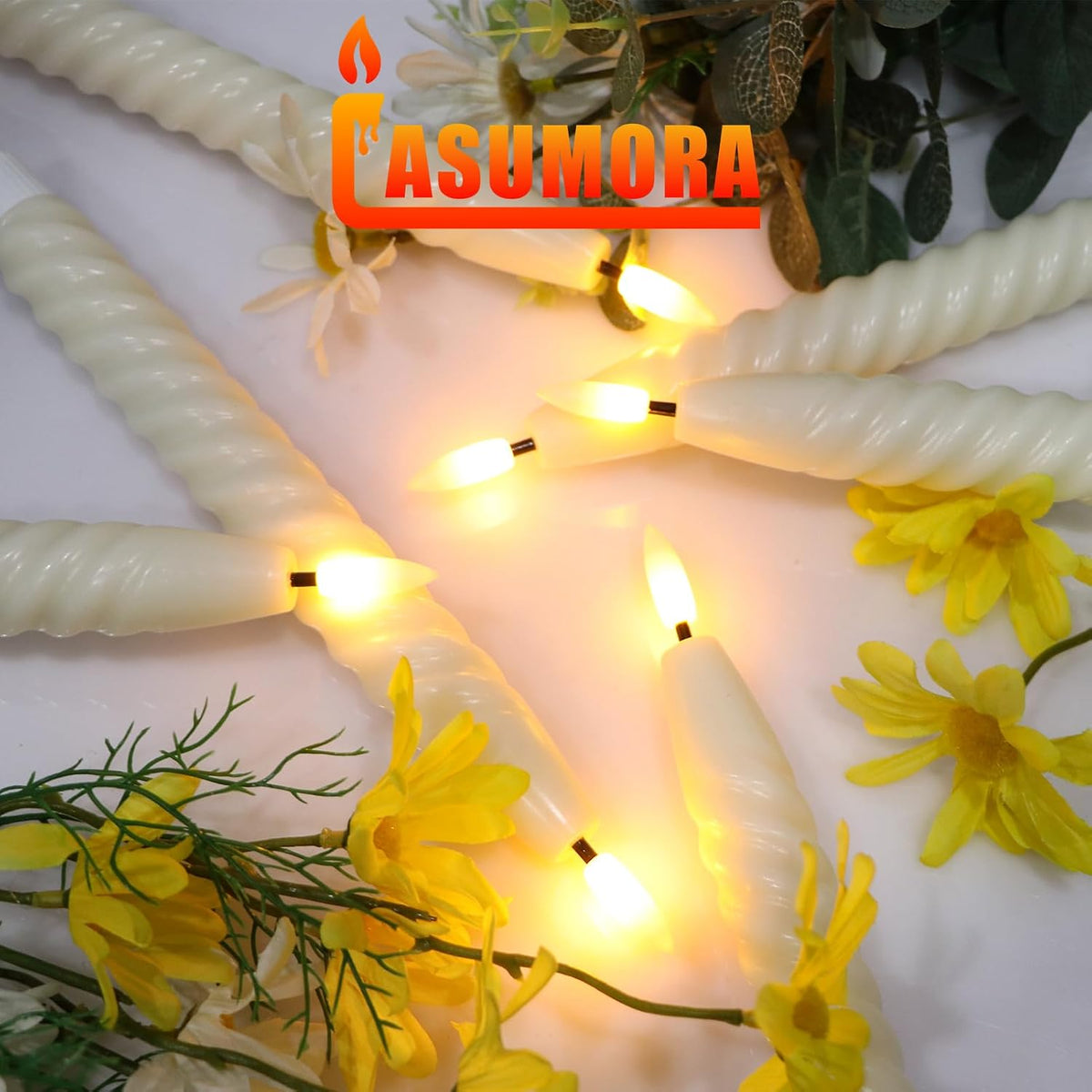 Ivory Flameless Taper Candles Flickering with Remote Timer