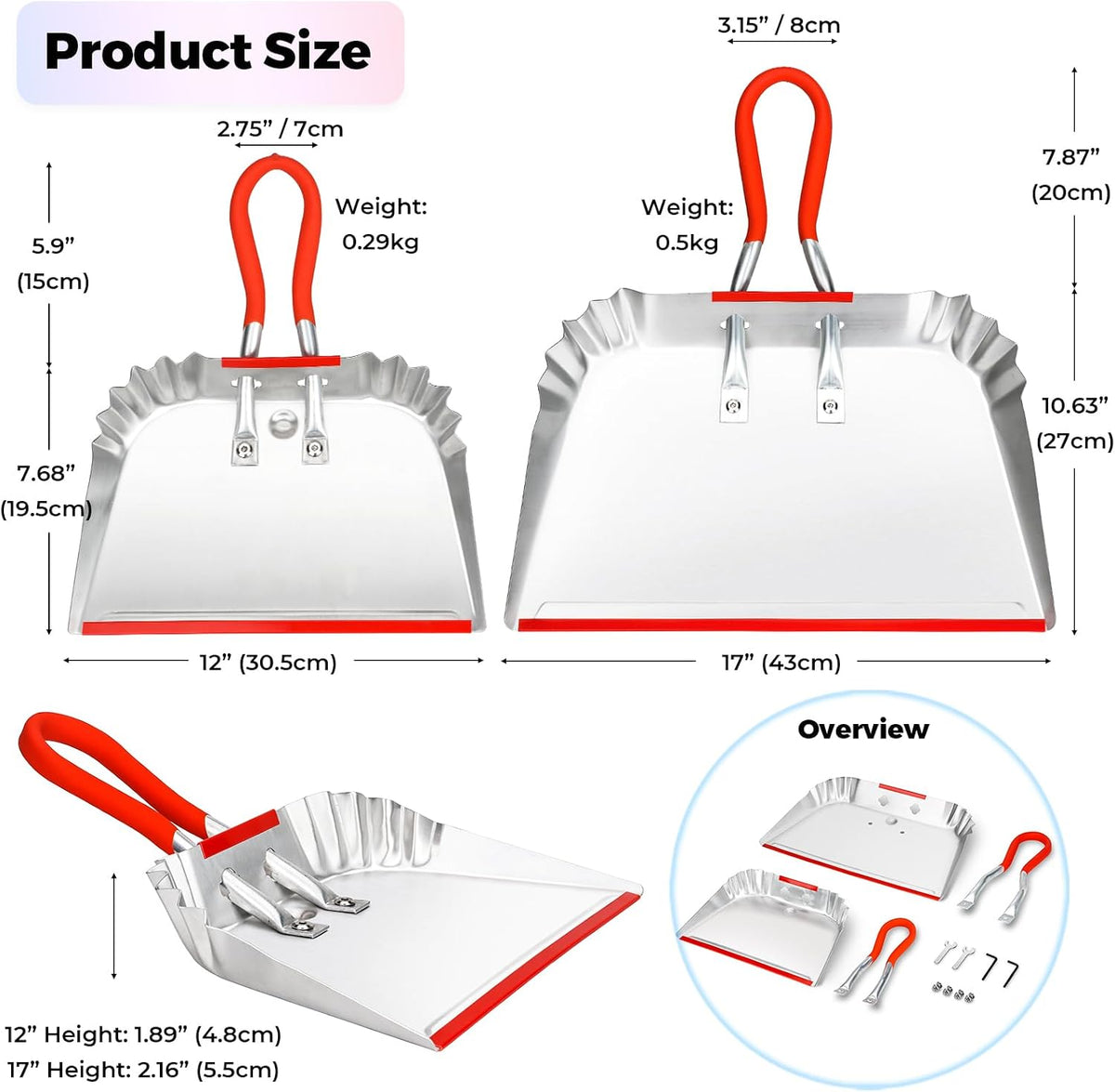 2 Pack Metal Dust Pan 17" and 12", Aluminum Heavy Duty Dust Pans with Non-Slip Rubber Handle, Durable Lightweight Large & Small Dustpan for Sweeping, Garage, Leaf, Household, Outdoor Cleaning