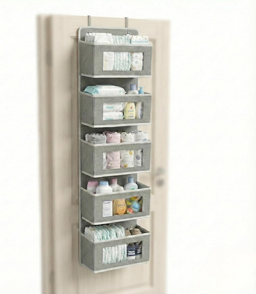 Over Door Organizer 5-Tier, Clear Window Hanging Shelf for Closet, Grey