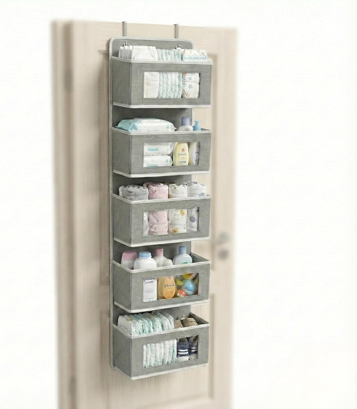 Over Door Organizer 5-Tier, Clear Window Hanging Shelf for Closet, Grey