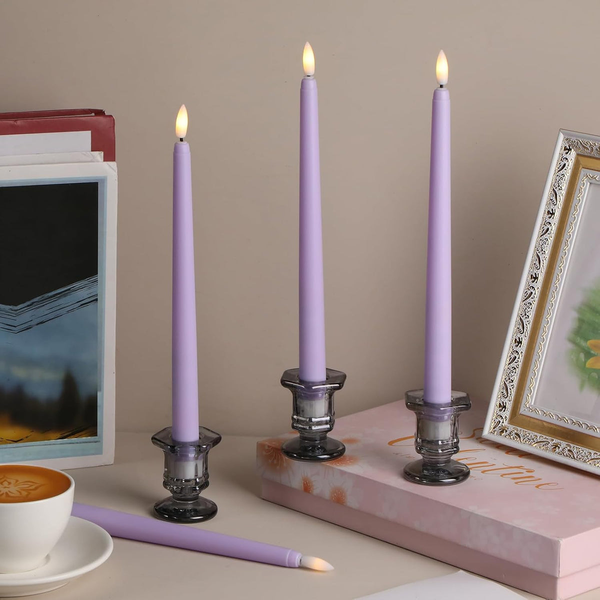 Macarrie 24 Packs Flameless Taper Candles Battery LED 11",Lavender Purple