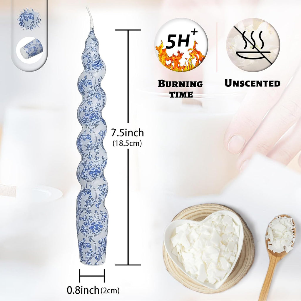 Unscented Floral Taper Candle Spiral Candlesticks - Set of 2 Handmade Blue Flower Twisted Candle 7.5 Inch Short Print Tapered Candles for Home Wedding Dinner Gifts