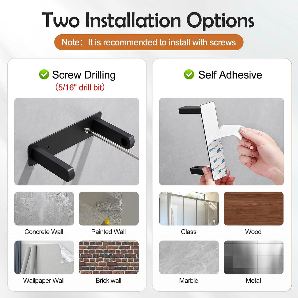 Pokim Matte Black Toilet Paper Holder,Self Adhesive or Screw Wall Mount 304 Stainless Steel Double Post Tissue Holder for Bathroom,Rustproof Heavy Duty Design