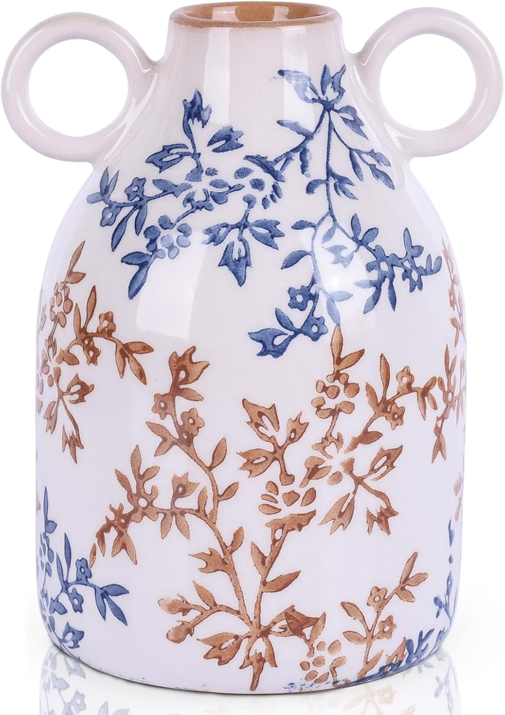 Blue Floral Ceramic Vase with Handle, Nordic Boho Small Vases Side Table Flower Centerpiece, Wide Mouth Single Flower Vase Pampas Grass Decorative - for Home Window Sill Living Dining Room Kitchen