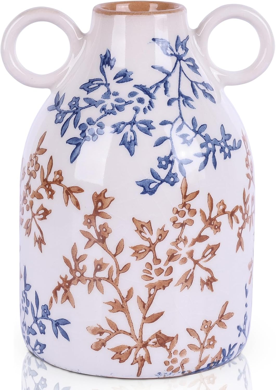 Blue Floral Ceramic Vase with Handle, Nordic Boho Small Vases Side Table Flower Centerpiece, Wide Mouth Single Flower Vase Pampas Grass Decorative - for Home Window Sill Living Dining Room Kitchen