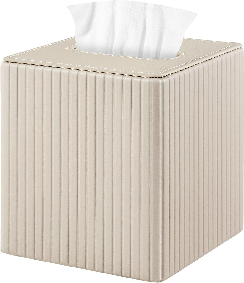 PU Leather Tissue Box Cover Square Tissue Box Holder for Bathroom Vanity Countertop Night Stands Bedroom Office Desk,Modern Tissue Decorative Organizer with Magnetic Closure,Beige