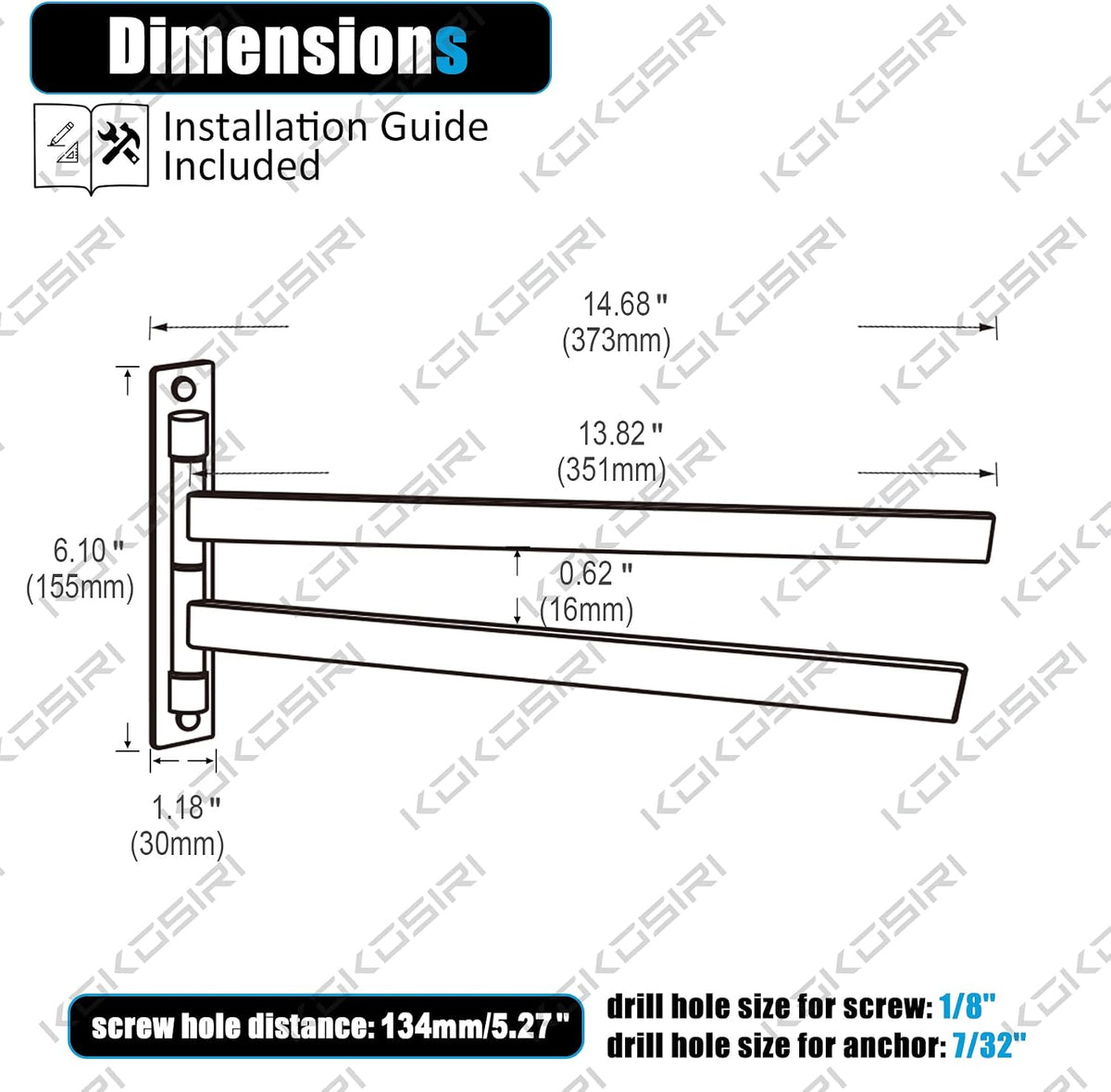 KOKOSIRI Bathroom Towel Bars Swivel Towel Rails Matte Black Swing Out Hand Towel Holder 2-Arm for Bath Kitchen Wall Stainless Steel B5007BK-A2