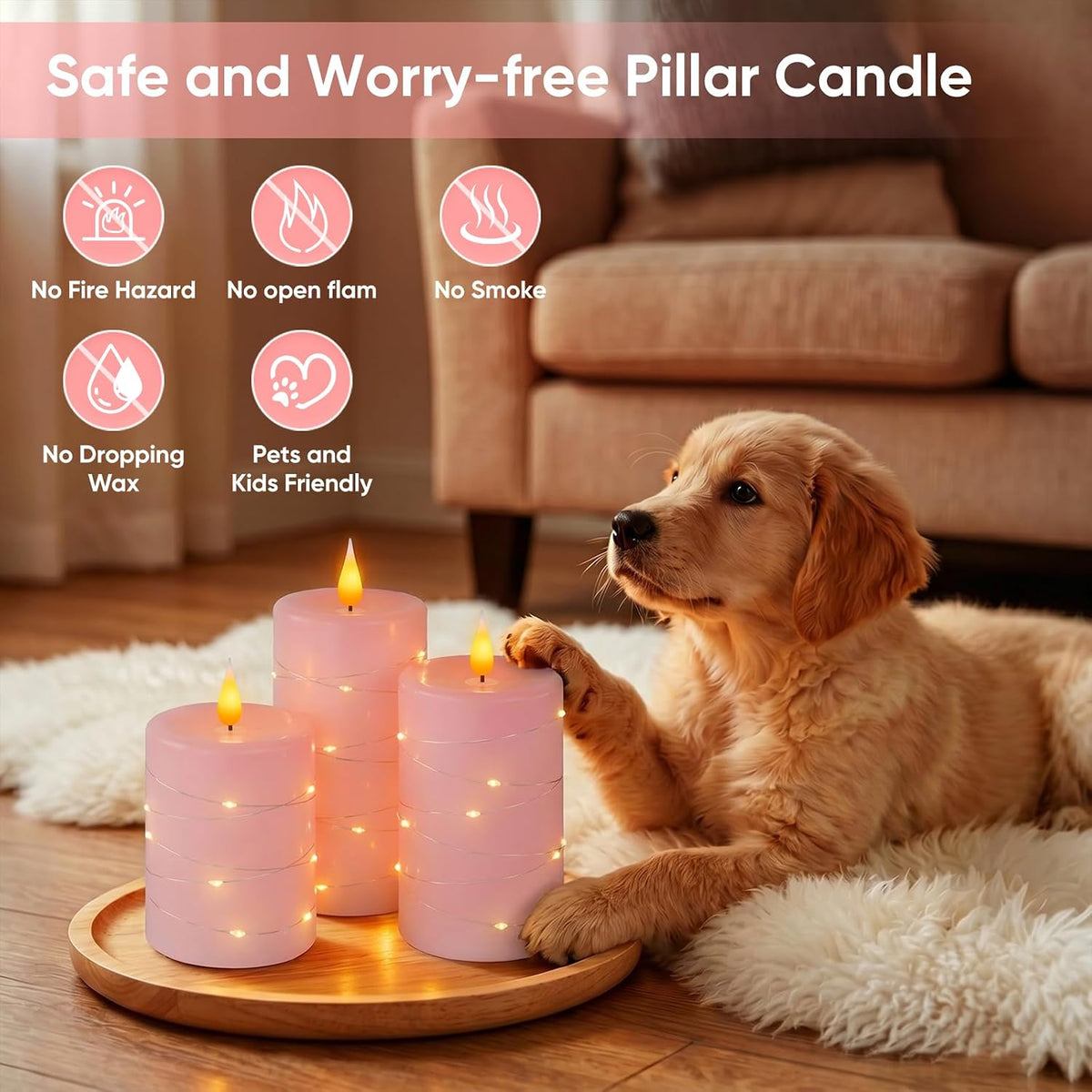 Amagic Real Wax Flameless Candles with Embedded String Lights Set of 3 Pink