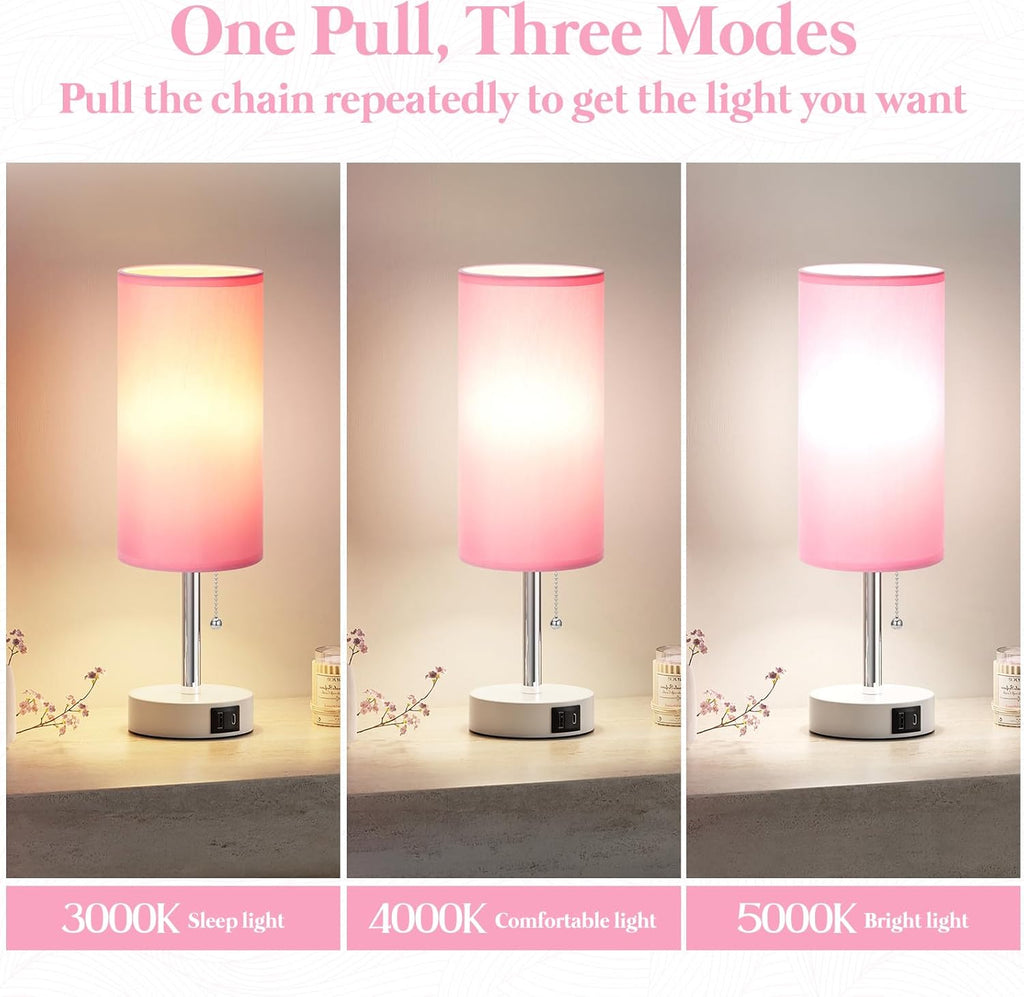 Dicoool Pink Bedside Table Lamp for Girls Bedroom - USB A+C Charging Ports