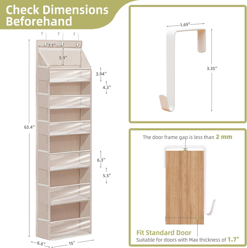 Over Door Organizer with 6 Extra Large Pockets 12 Side Pockets, Sturdy Closet Storage Rack, Hanging Storage Organizer with Clear Window for Shoes, Diaper, Bedroom, Bathroom, Beige, 4-Pack
