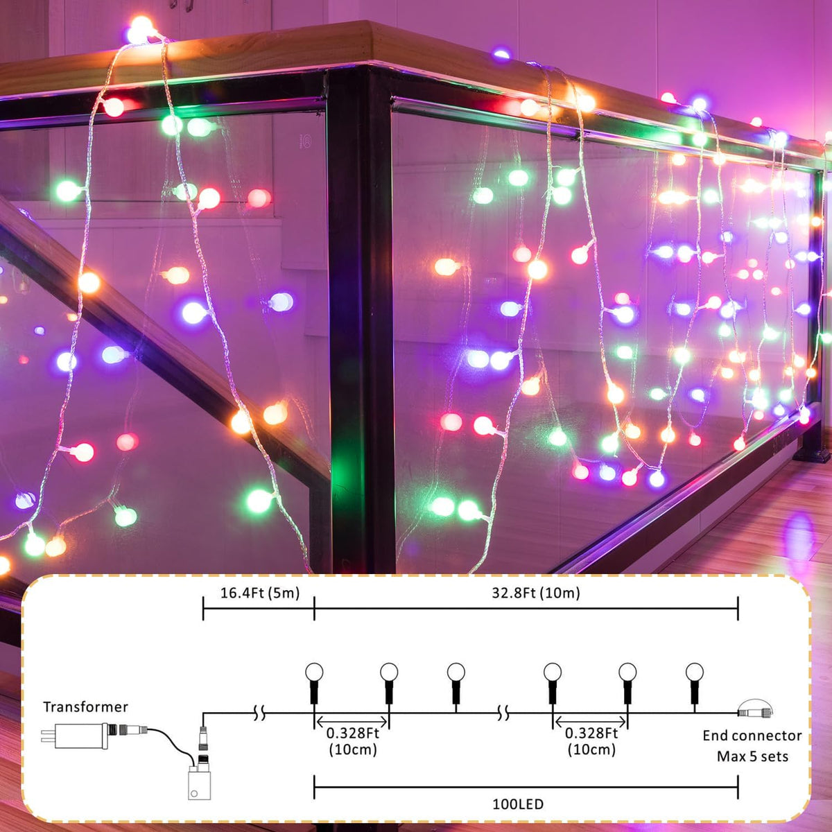 Ogrmar 49FT 100 LED Globe Ball String Lights 8 Modes with Remote Multicolor
