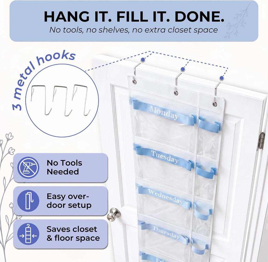 Over the Door Weekly Clothes Organizer for Kids, Days of the Week (Blue)