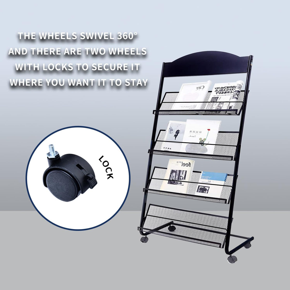 Floor Standing Magazine Rack,The Wheels with Locking 4 Tier Document Display Rack for Exhibition Office Shopping Mall Waiting Room and Other Places （BLACK