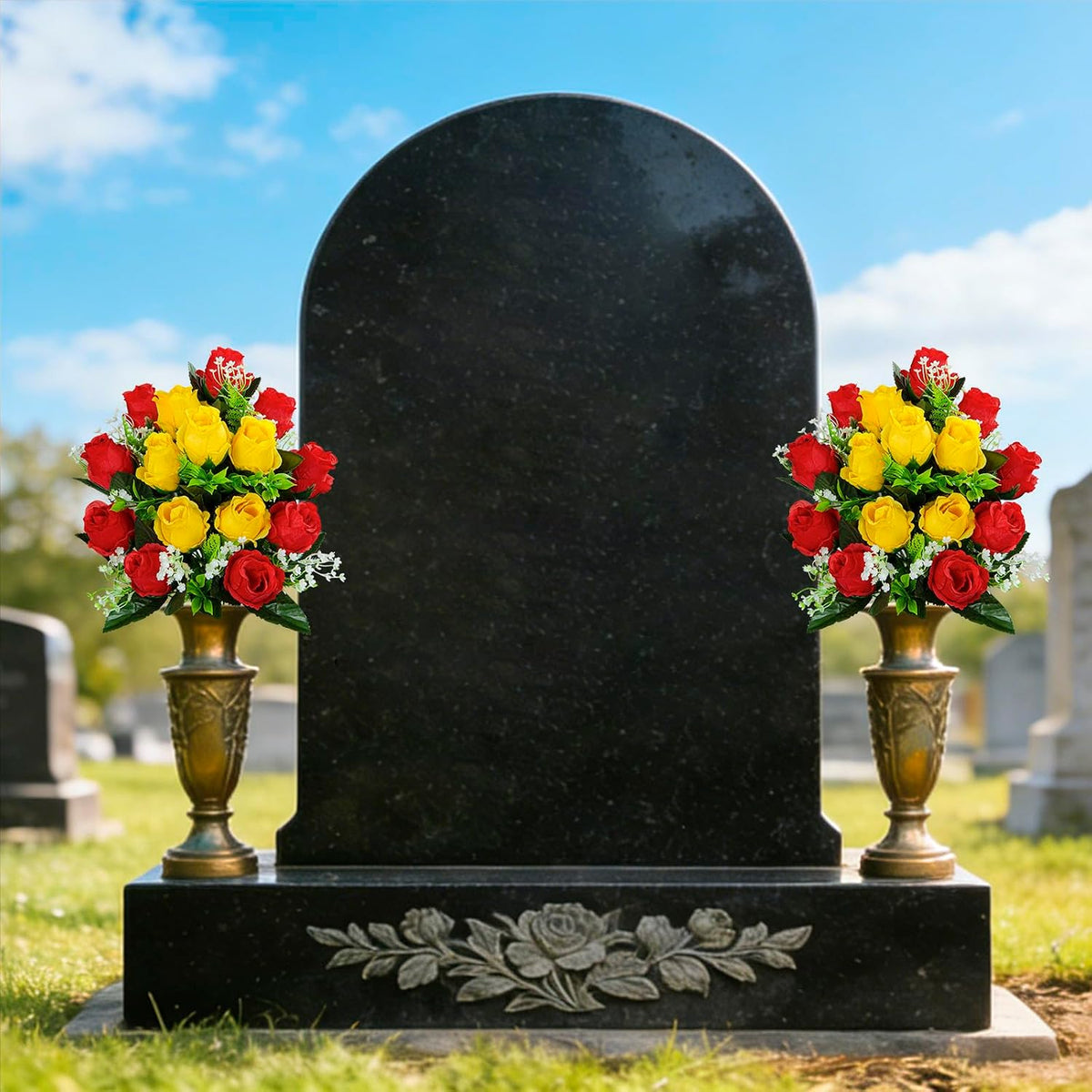 Set of 2 Artificial Cemetery Flowers with Vase, Artificial Grave Flowers Outdoor Memorial Rose Bouquets for Cemetery Headstone Graveyard Decor (Red Yellow)