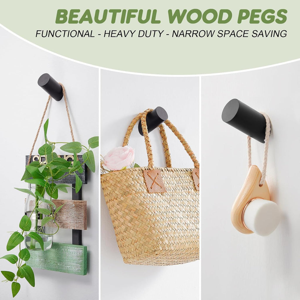 Felidio Wood Wall Hooks, 4 Pack Coat Hooks Wall Mounted, Rustic Wooden Heavy Duty Robe Hook Hat Rack, Hook for Hanging Bathroom Towels Clothes Hanger (Black)
