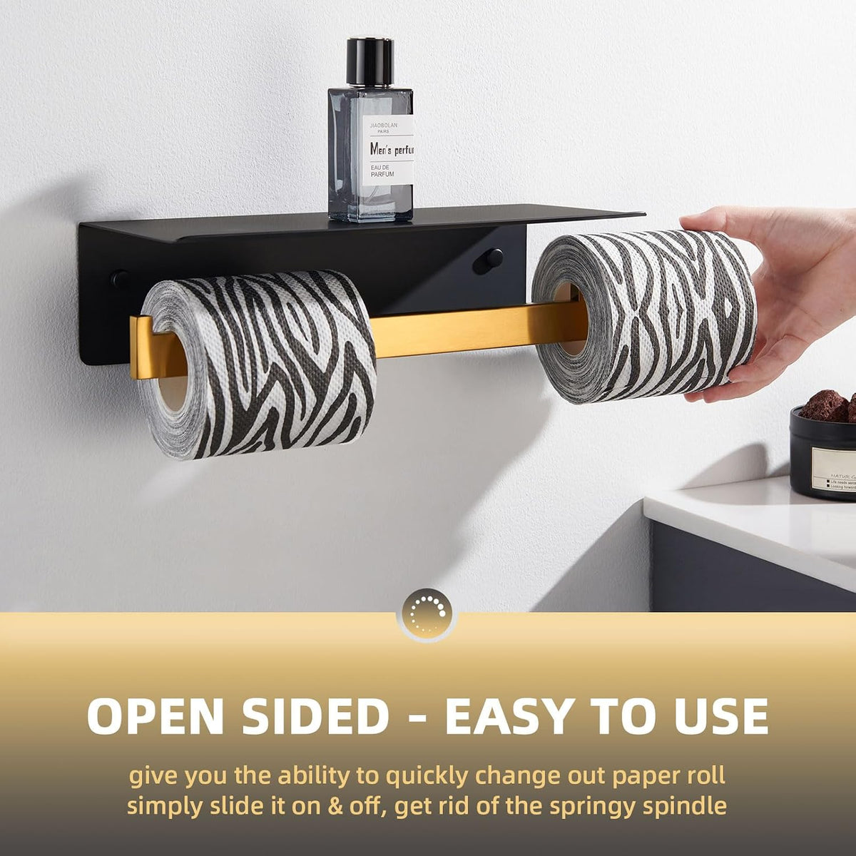 Angle Simple Bathroom Toilet Paper Holder with Phone Shelf, Black and Gold