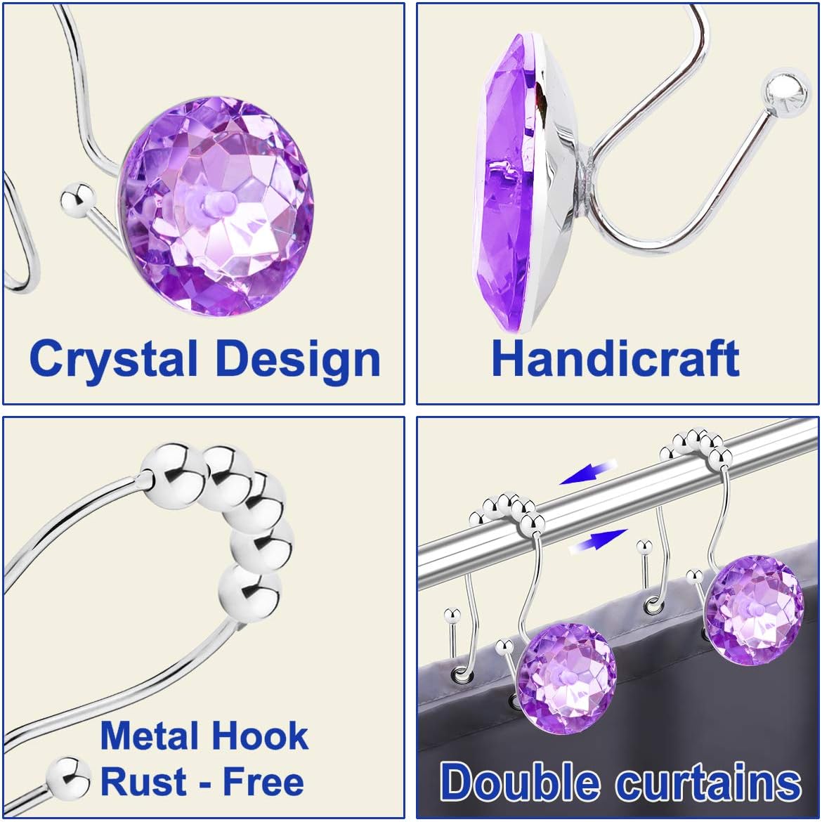 Shower Curtain Hooks Rings for Bathroom, 12PCS Double Hooks Glide Anti Rust Crystal Rhinestones Shower Curtain Rings Hangers for Shower Curtains, Clothing, Towels, etc. (Purple)