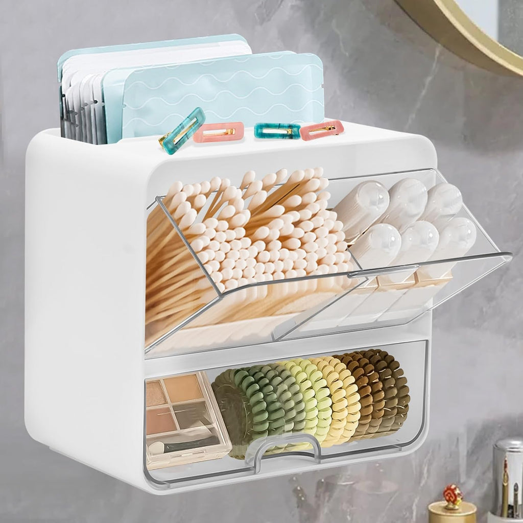 Qtip Holder for Bathroom Container, Wall Mounted & Countertop Cotton Swab Organizer with Drawer, Dustproof Storage for Cotton Balls, Cotton Pads, Tampons, Makeup Brushes & Hair Accessories for Vanity