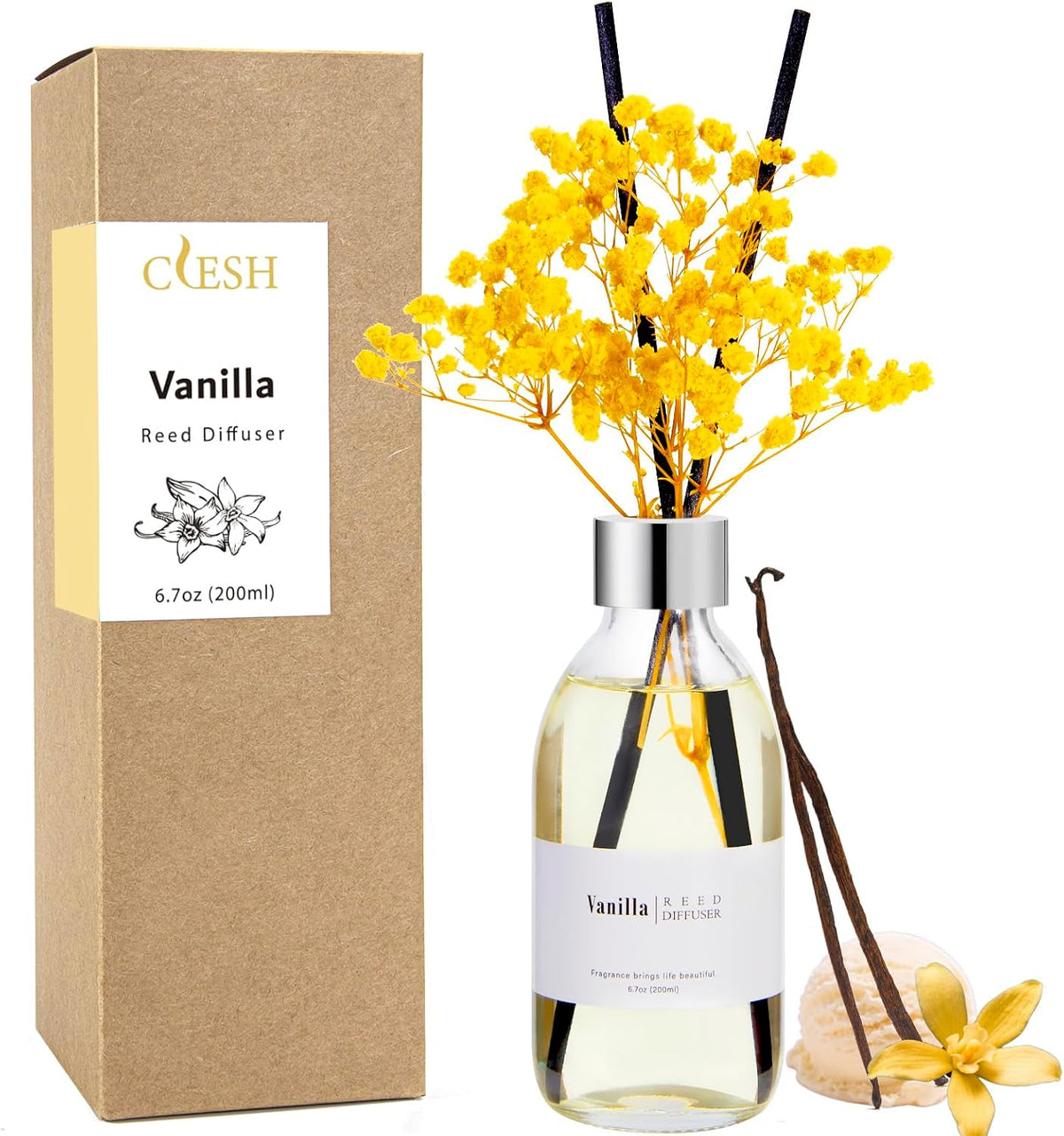 Clesh Reed Diffuser Set, 6.7 oz Vanilla Scented Diffuser with Sticks, Home Fragrance Reed Diffuser for Bathroom Shelf Decor