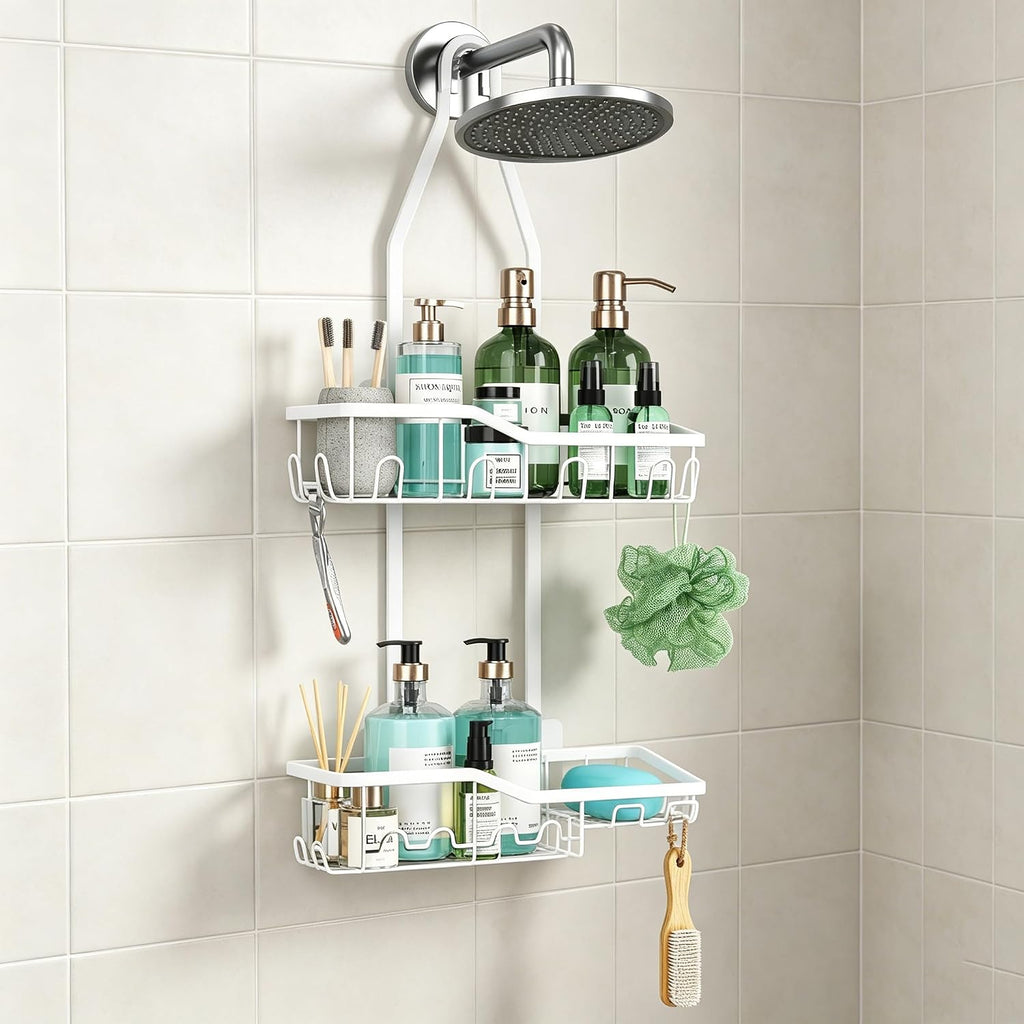 White Shower Caddy Hanging,White Rustproof Anti-Swing Shower Organizer