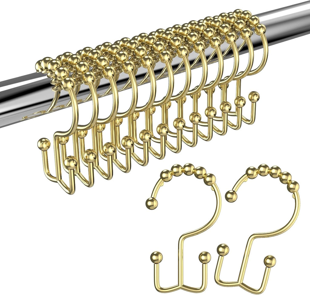 Shower Curtain Hooks Rings,Ball Bearing Stainless Steel Gold Shower Hooks,Double Glide Rust-Resistant Shower Curtain Hangers for Bathroom Shower Rods Curtains,Set of 12