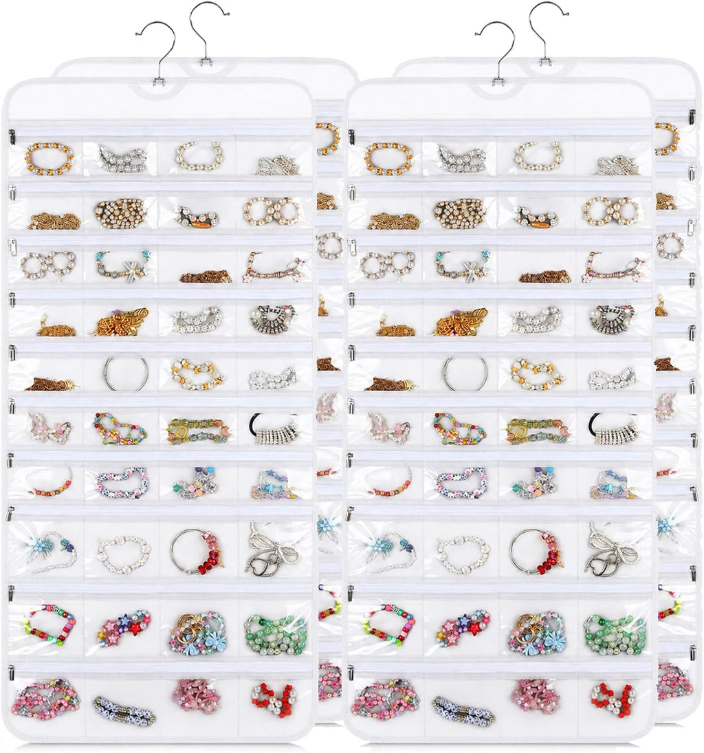 2 Pack Hanging Jewelry Organizer with 80 Zippered Pockets (White)