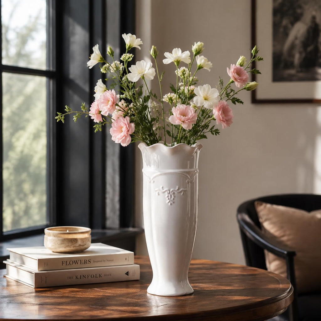 hjn White Ceramic Vase- French Flower Vase for Decor Tall Vintage Vases for Flowers/Home Decoration/Kitchen/Table/Living Room/Shelf/Mantel/Office-Height-11.6"