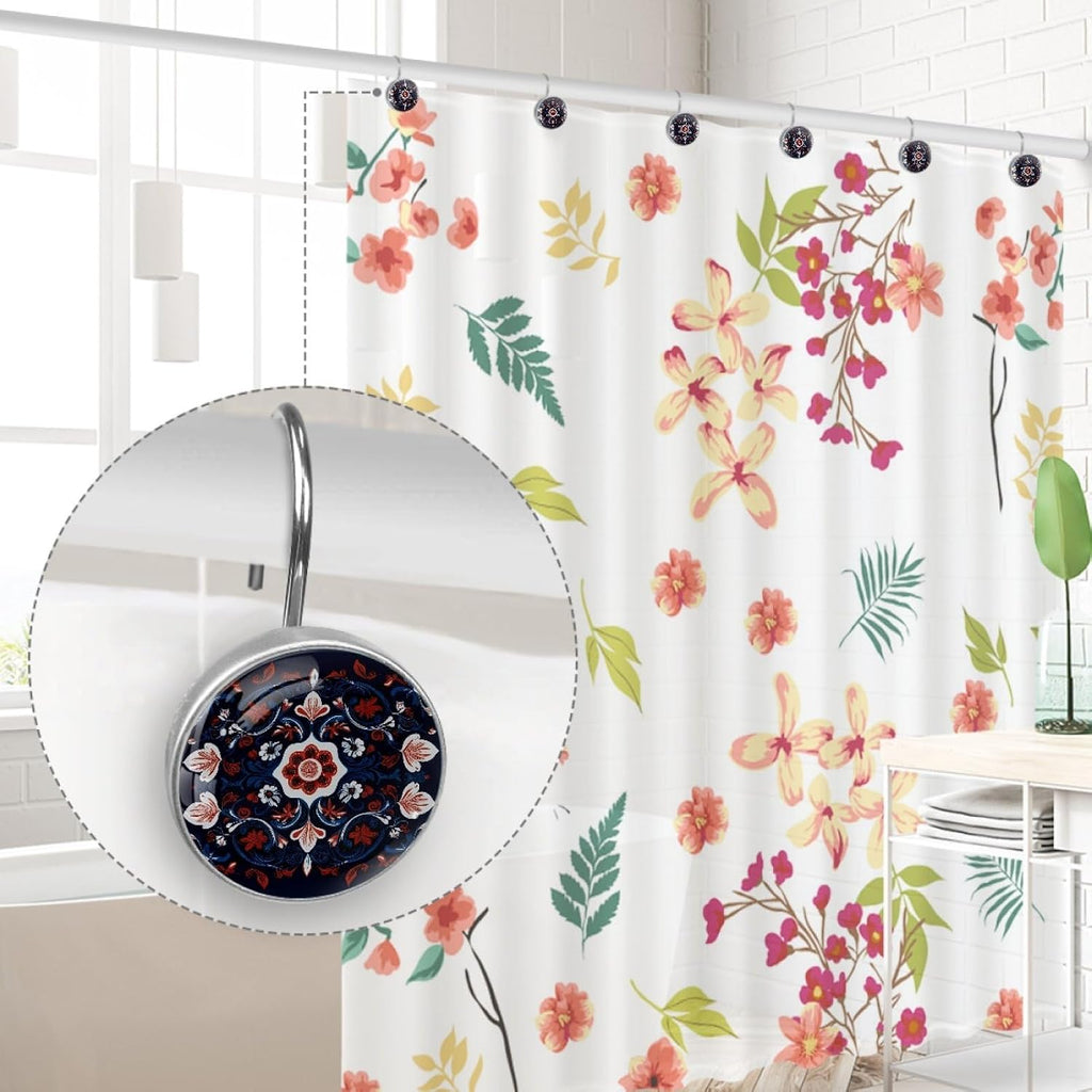 12 Pcs Norwegian Folk Style Flower Shower Curtain Hooks, Decorative Shower Curtain Rings for Bathroom, Stainless Steel Rustproof Curtain Rings Hangers for Shower Curtain Rod