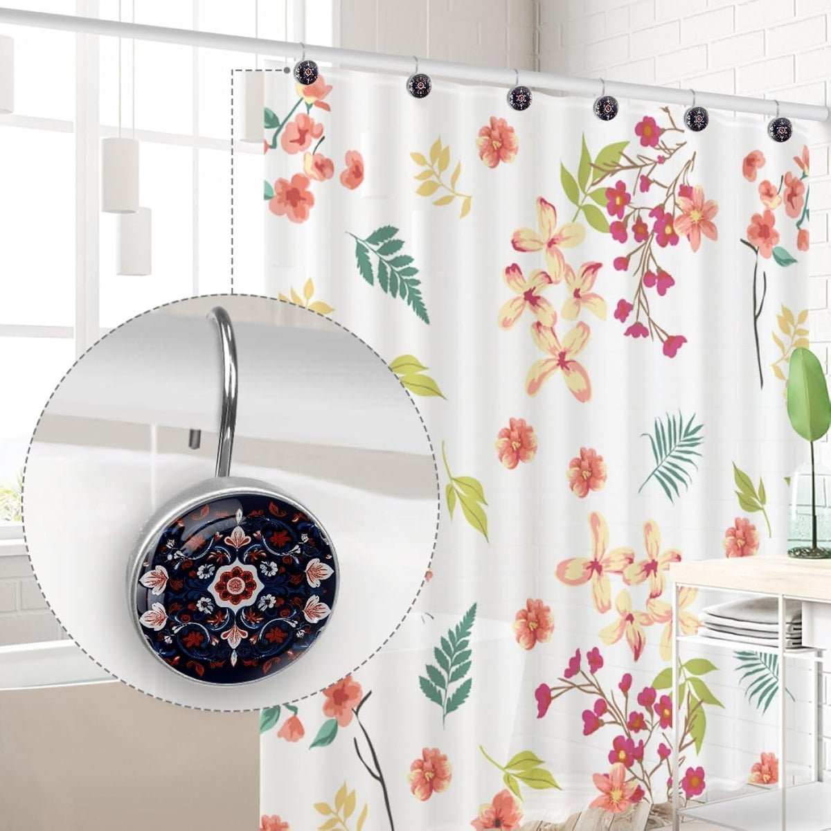 12 Pcs Norwegian Folk Style Flower Shower Curtain Hooks, Decorative Shower Curtain Rings for Bathroom, Stainless Steel Rustproof Curtain Rings Hangers for Shower Curtain Rod