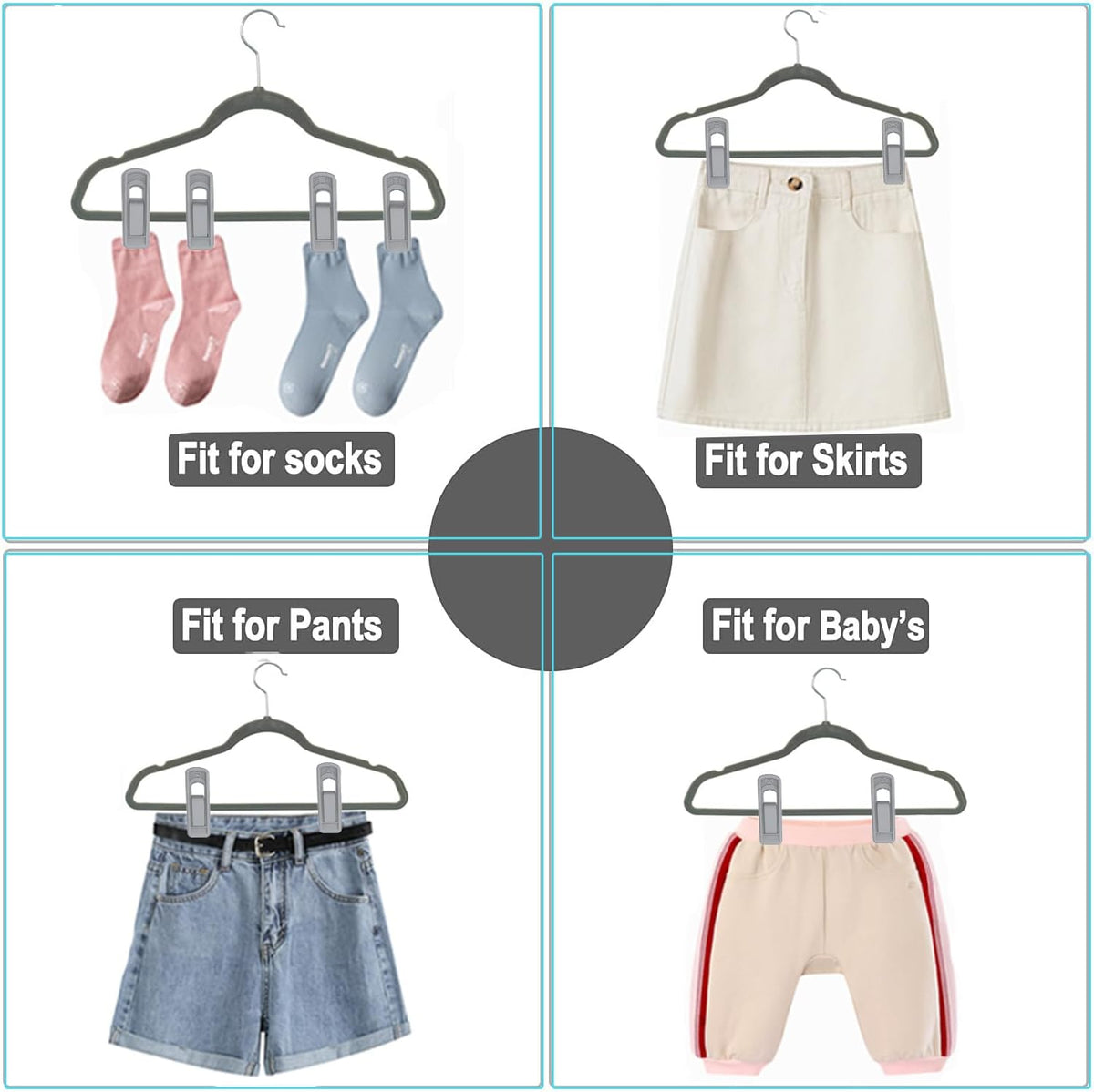 TOFIIGREM Hanger Clips for Velvet Hangers (Grey, 40 PCS), Non-Slip Plastic Clips Skirt Hanger Clips for Gray Flocking Hangers