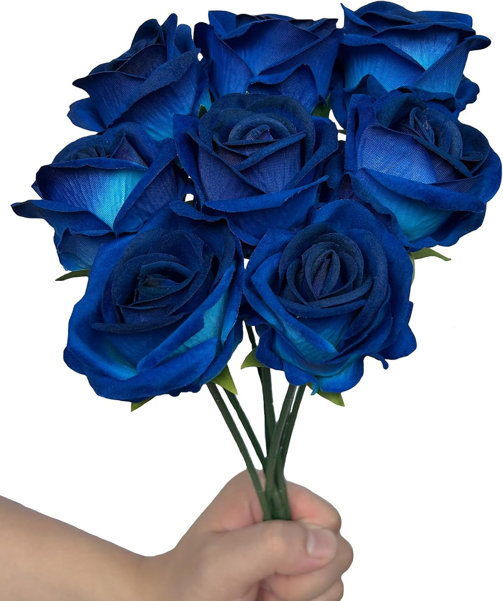 FagusHome 30 Pcs Silk Rose Artificial Flowers Roses Bulk Bouquet Fake Flowers Rose Heads with Stems for Home Wedding Decor (Dark Blue)
