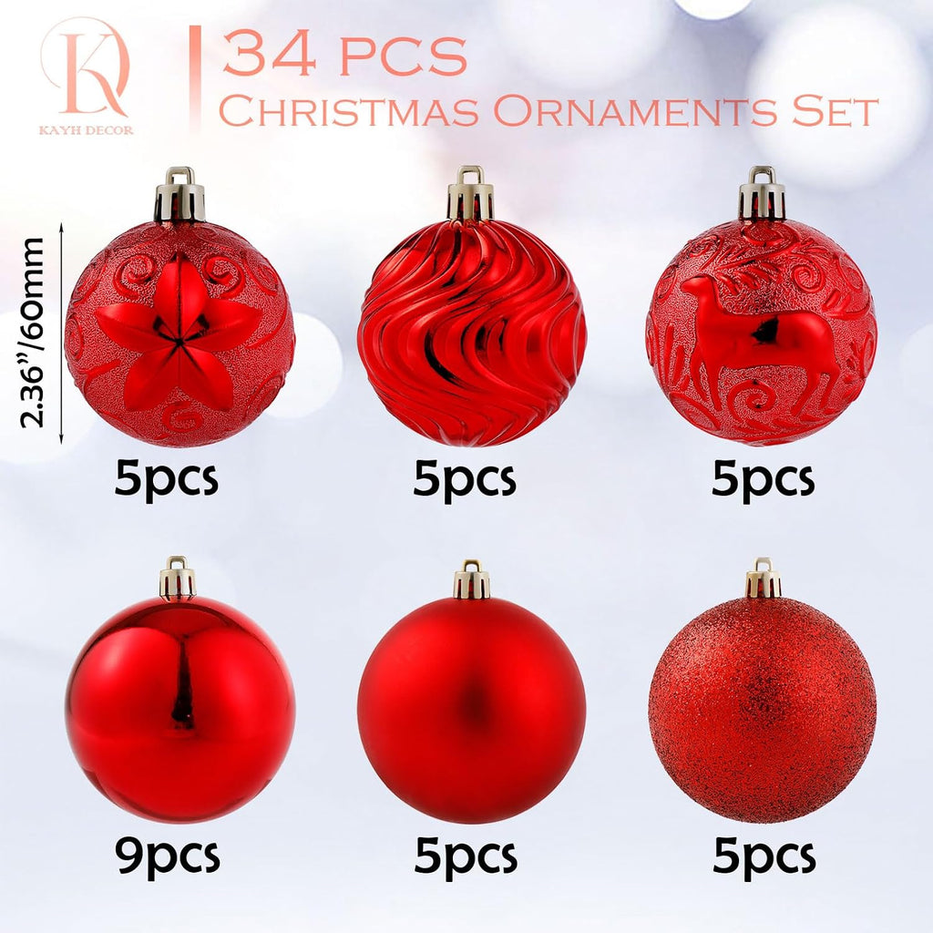 34ct Red Christmas Ball Ornaments Shatterproof Plastic Christmas Tree Decorations for Xmas Party Home Office Holiday Decor -Medium Size (2.36"/ 60mm)