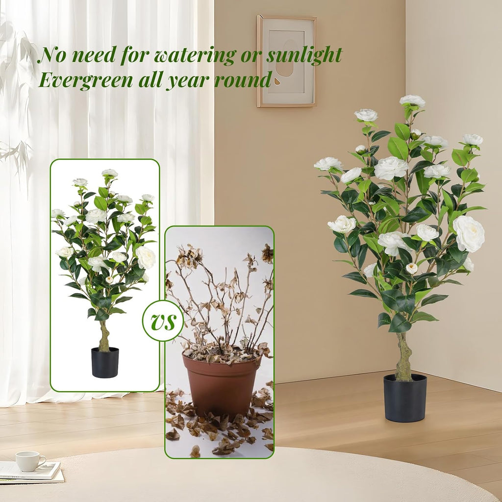 2‑Pack 3FT White Artificial Potted Camellia Tree Home Decor
