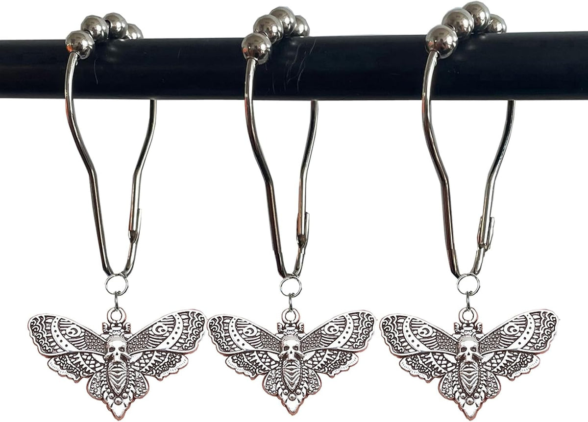 Skull Death's-Head Hawkmoth Shower Curtain Hooks Rings,12Pcs Dead Moth with Skull Face Halloween Rustproof Metal Shower Rings,Gothic Style Insect Theme Home Bathroom Decor