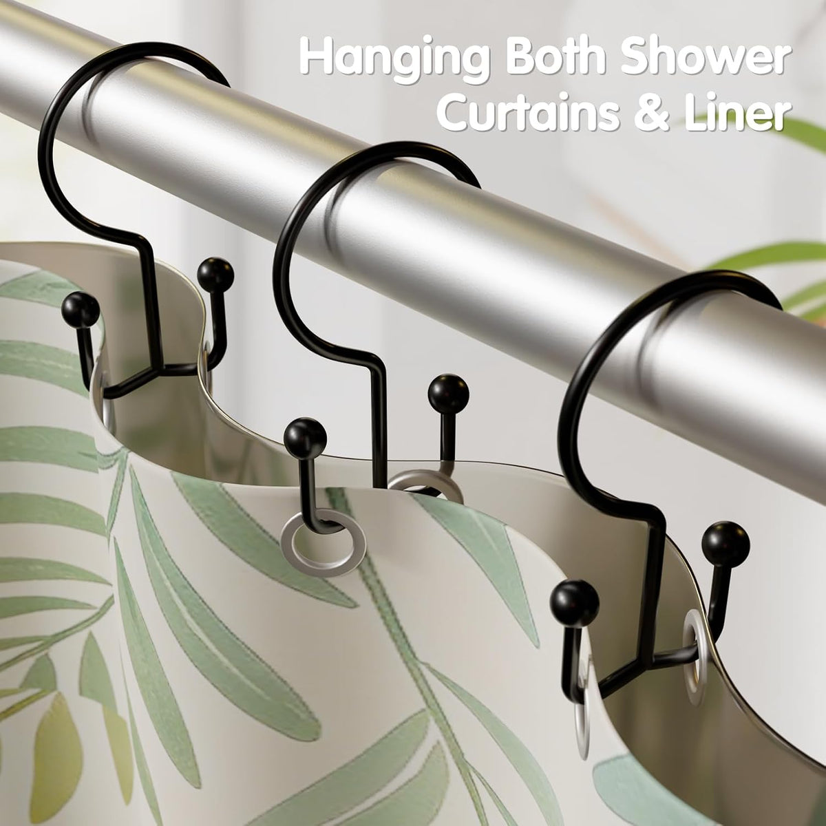 OEH 24 Pcs Shower Curtain Hooks, Metal Shower Curtain Rings, Black Shower Curtain Hooks Rust Proof, Double Shower Rings for Curtain, Easy Install Anti-Drop Shower Hooks for Shower Curtain, Black