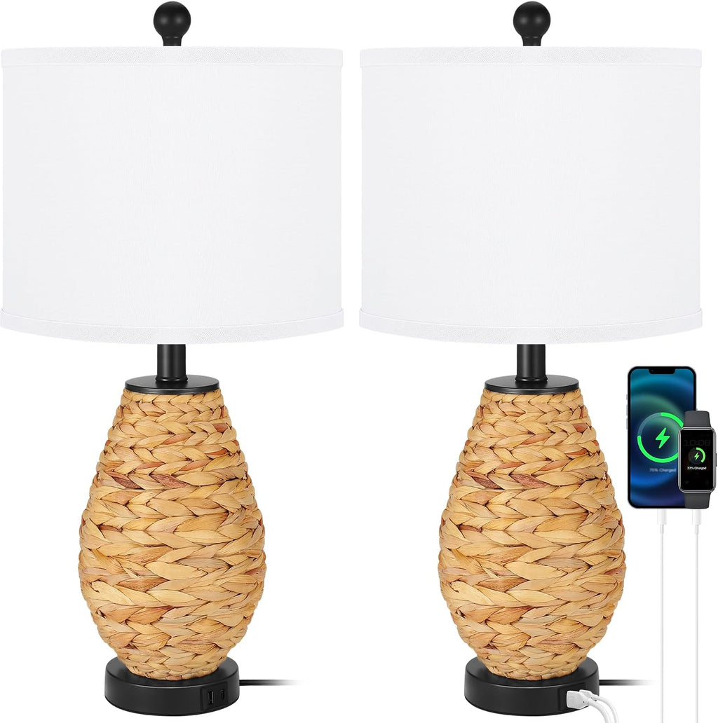 Coastal Table Lamps Set of 2, Retro Natural Seagrass Rattan Woven 25" Bedside Lamp, for Bedroom Living Room Home Nightstand Table Lamp(with USB C+A 5V 2.1A Charging Ports)