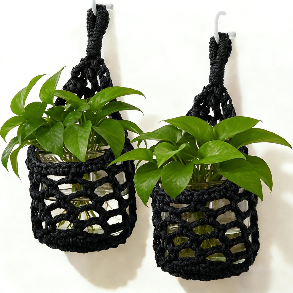 Macrame Wall Plant Hanger, Small Hanging Planter Basket Holder, Wall Planters for Indoor Plants, for Up to 4 Inch Pot (Black, 4-Inch)