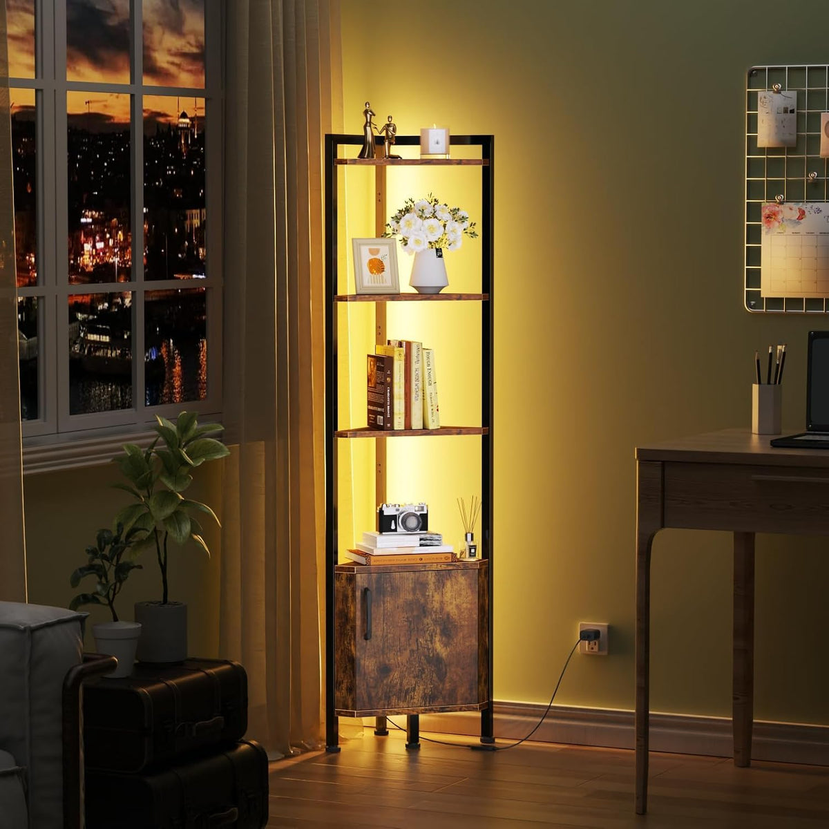 Furnulem Corner Shelf Cabinet,Corner Bookshelf with Storage and LED Light