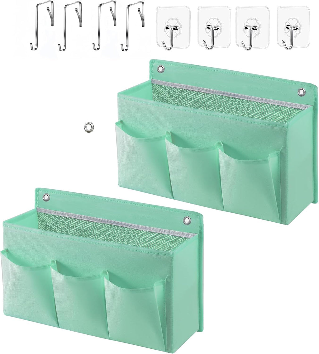 2-Pack Hanging Storage Baskets - Wall Organizer with 3 Pockets for Home/Dorm/Closet/Door, Multi-Purpose Space Saver for Office/Bathroom/Nursery - Foldable Fabric Organizer (Green)