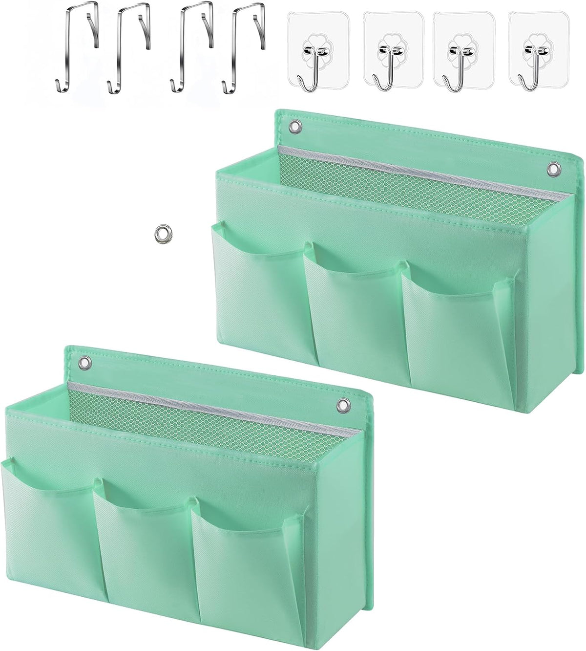 2-Pack Hanging Storage Baskets - Wall Organizer with 3 Pockets for Home/Dorm/Closet/Door, Multi-Purpose Space Saver for Office/Bathroom/Nursery - Foldable Fabric Organizer (Green)