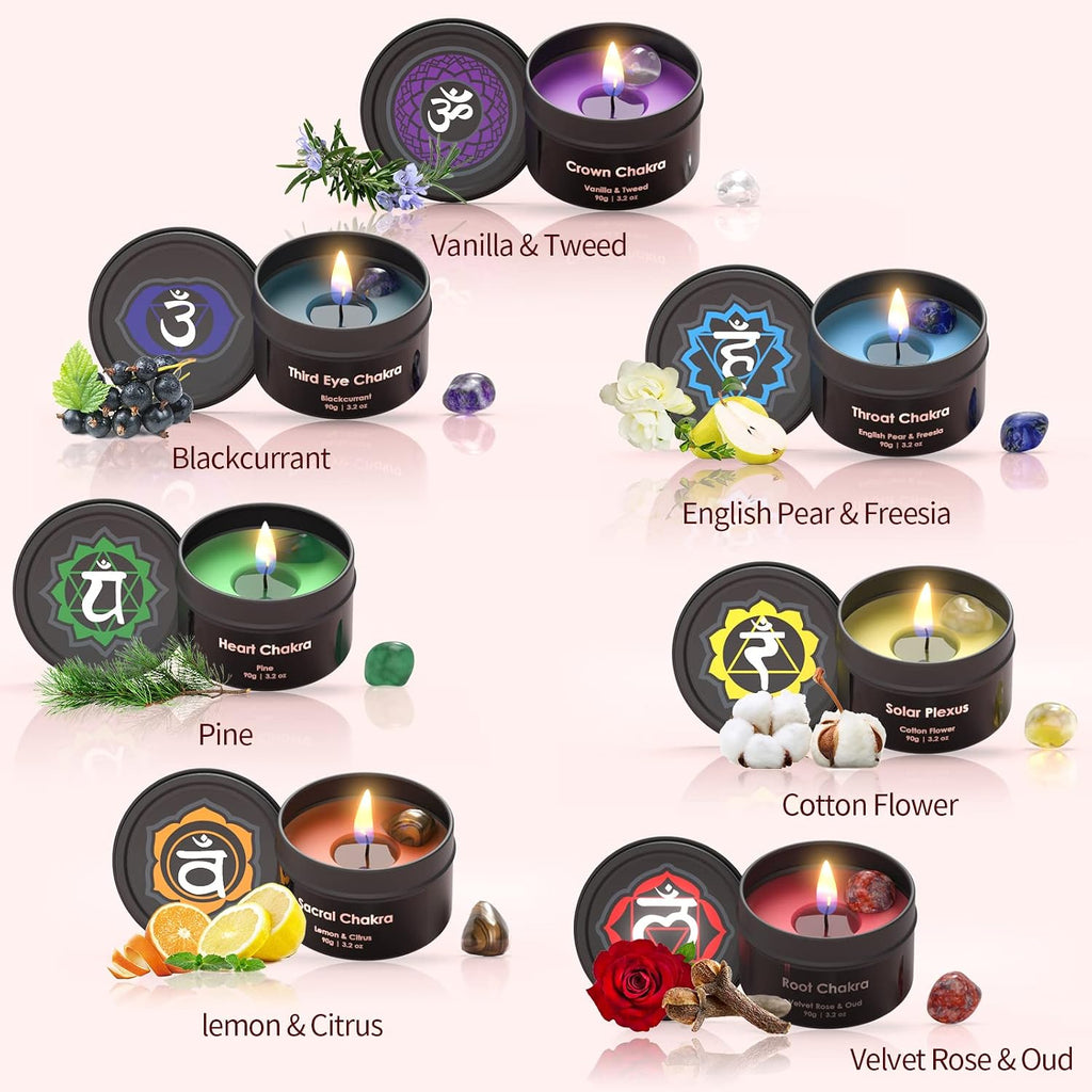 Inspireyes Chakra Candles with Healing Crystals for Meditation, Soy Wax