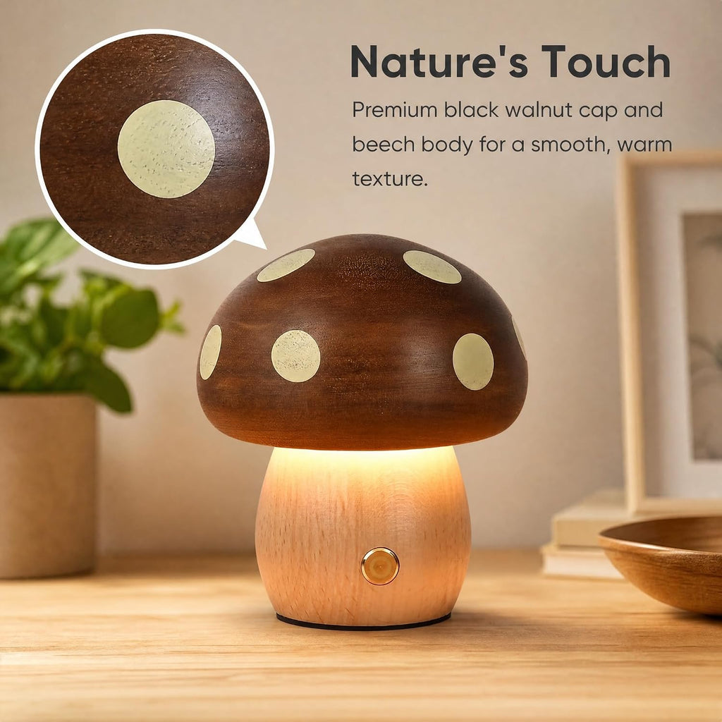 LONRISWAY 2Pack Wood Small Mushroom Table Lamp, LED Rechargeable Cordless Touch Bedside Lamps, Wireless Stepless Dimming Night Light, Portable Battery Lamp for Bedroom Nightstand for Birthday Gifts
