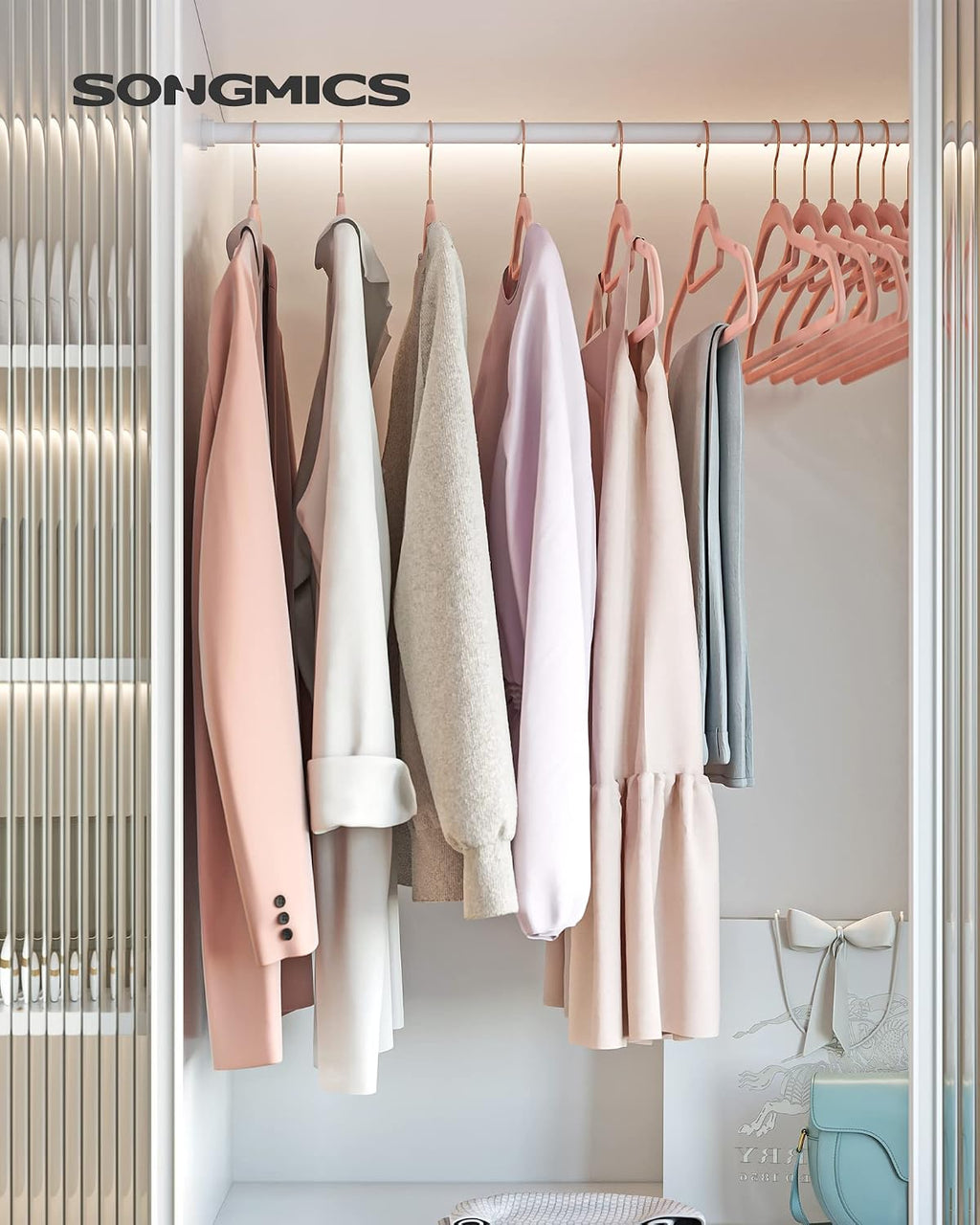 SONGMICS Velvet Hangers, Set of 50 with Tie Bar, Rose Gold Swivel Hook
