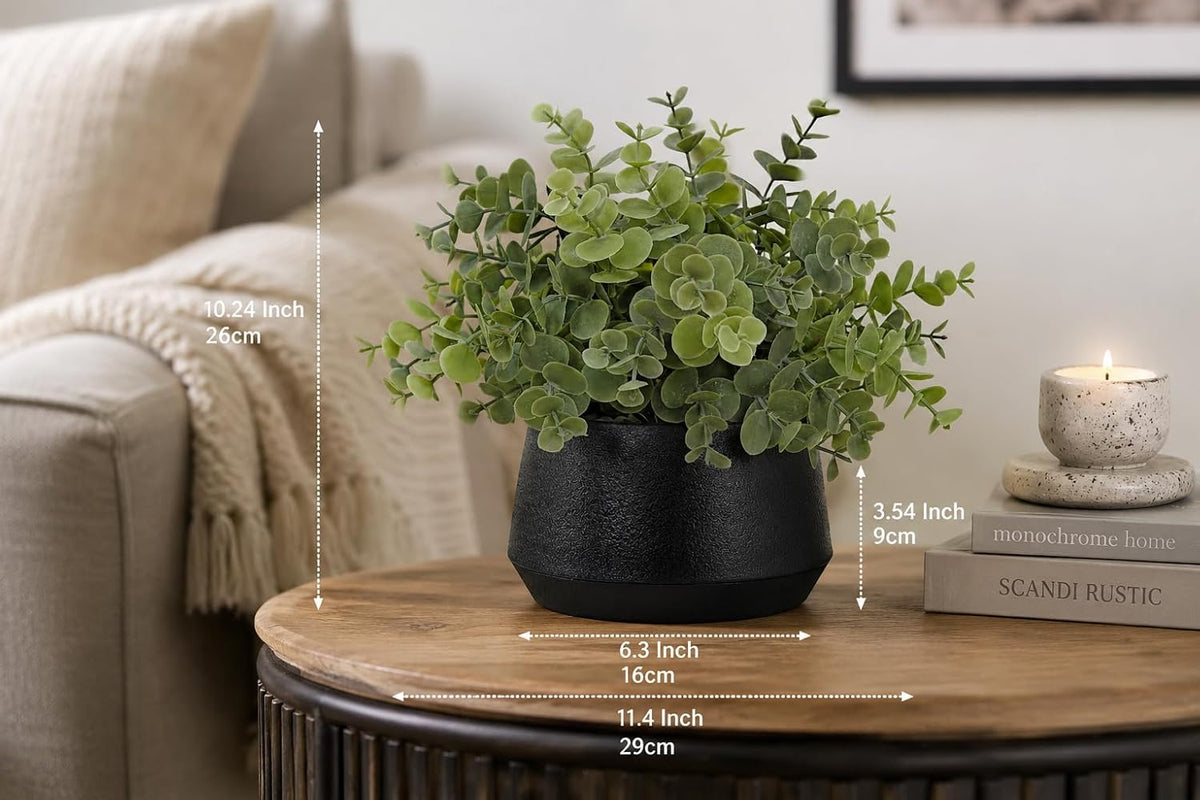 365 Blooming Decor Artificial Eucalyptus Plant–10.2"x11.4" Luxury Faux Potted Greenery in Black Textured Pot with Real Pebbles, Premium Material, No Assembly, Farmhouse, Coffee Table, Bathroom Decor//